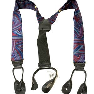 Vtg CAS Germany Black Leather Button Suspenders Blue Burgundyn Wave Lines NWT